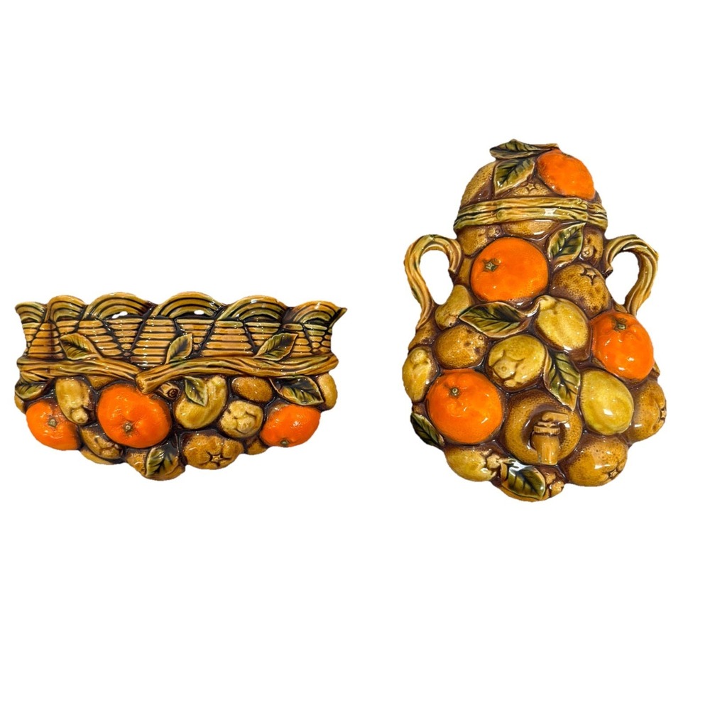 Vtg 70s 2 Piece Inarco Orange Spice Ceramic Wall Pocket Decor Basket And Pitcher